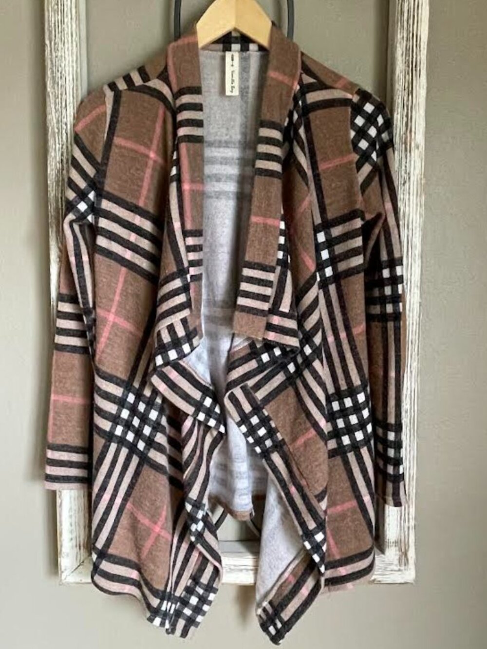 Vanilla Bay Plaid Open Front Cardigan Wrap Sweater — Brown Pink Black —Waterfall